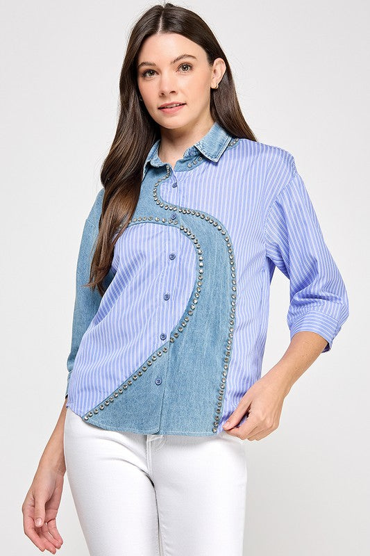 Blue Stripe Button Down Denim Shirt