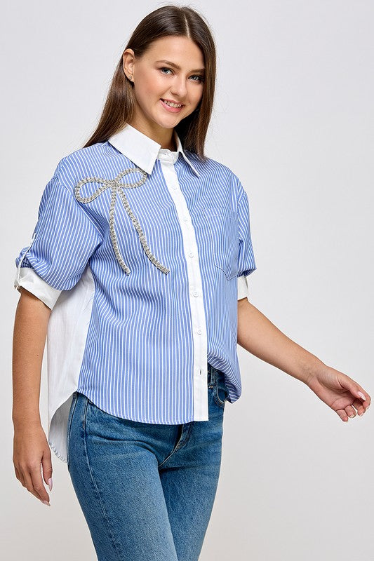 Blue Stripe Shirt with Ribbon in Rhinestone