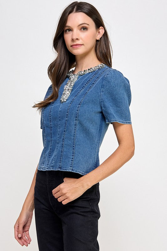 Rhinestone Details Denim T-Shirt