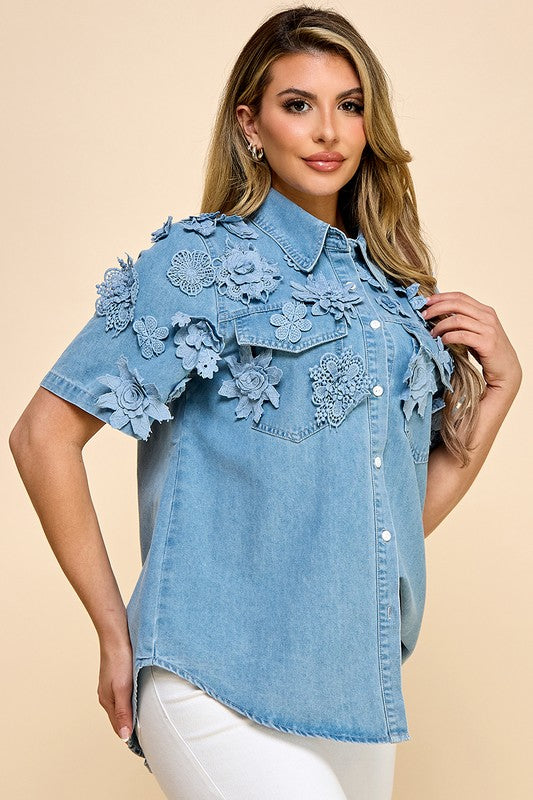 Re-Stock 3D flowers Denim Shirt