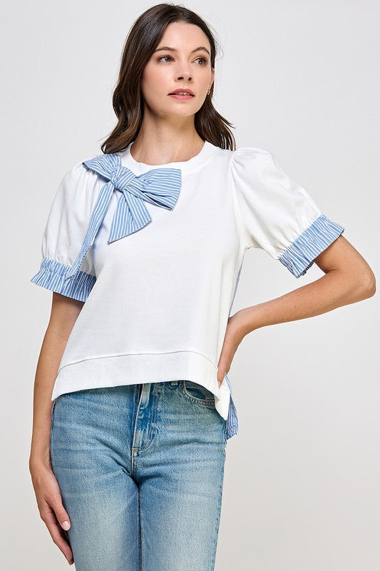 White Ribbon Detail Back Button Down Shirt