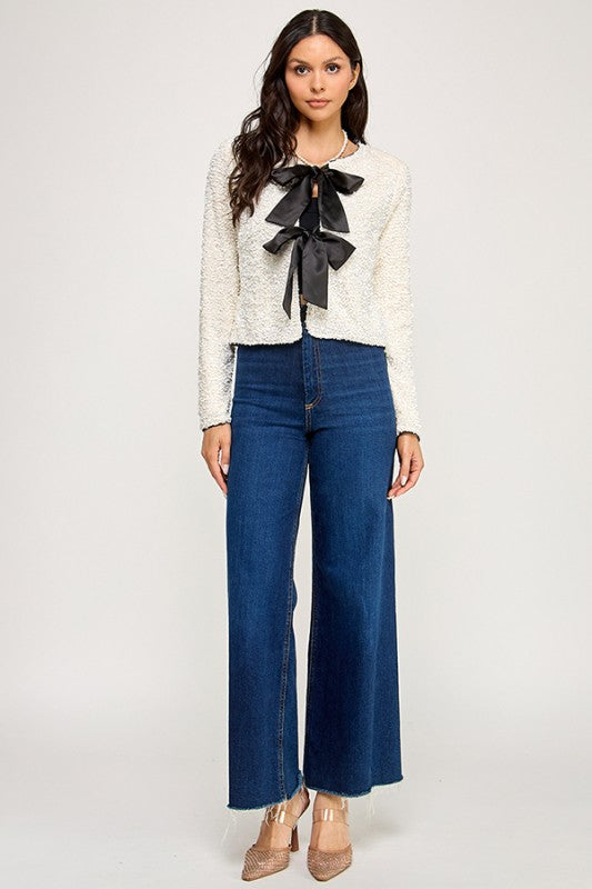 Ivory Sequins Bow Cardigan
