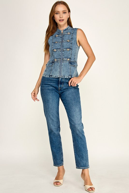 Pre-order Agosto 10 Denim Military Front Zippered Vest