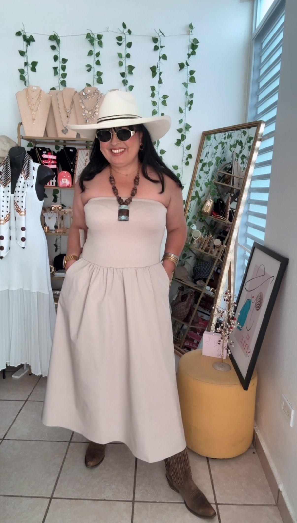 Taupe Strapless Midi Dress