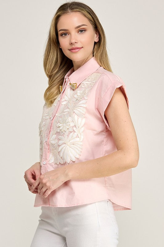 Pink Floral Embroidery Shirt