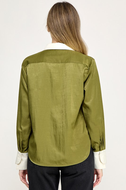 Pre-order Oct 19 Green Long Sleeve Mandarin Satin Blouse
