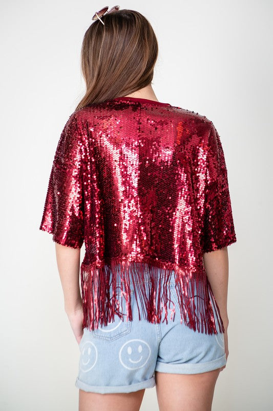 Burgundy Sequin Fringe Top