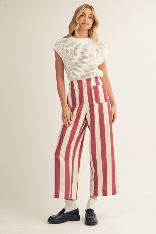Red High Waist Wide Leg Stripe Pants