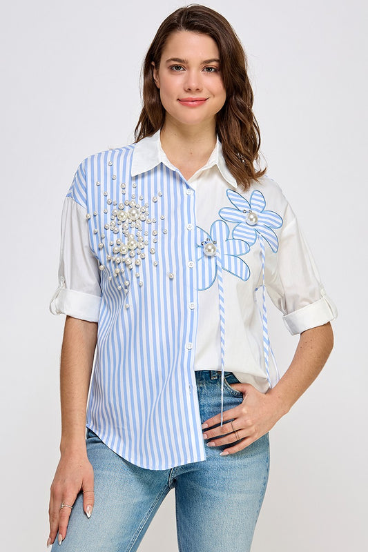 Blue Stripe Color Block Shirt