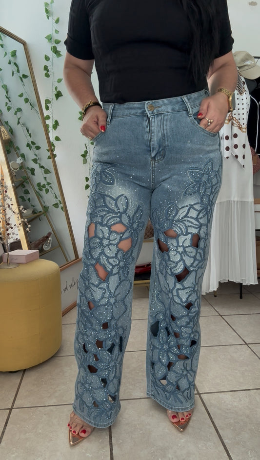 Embroidery Rhinestone Straight Leg Jeans