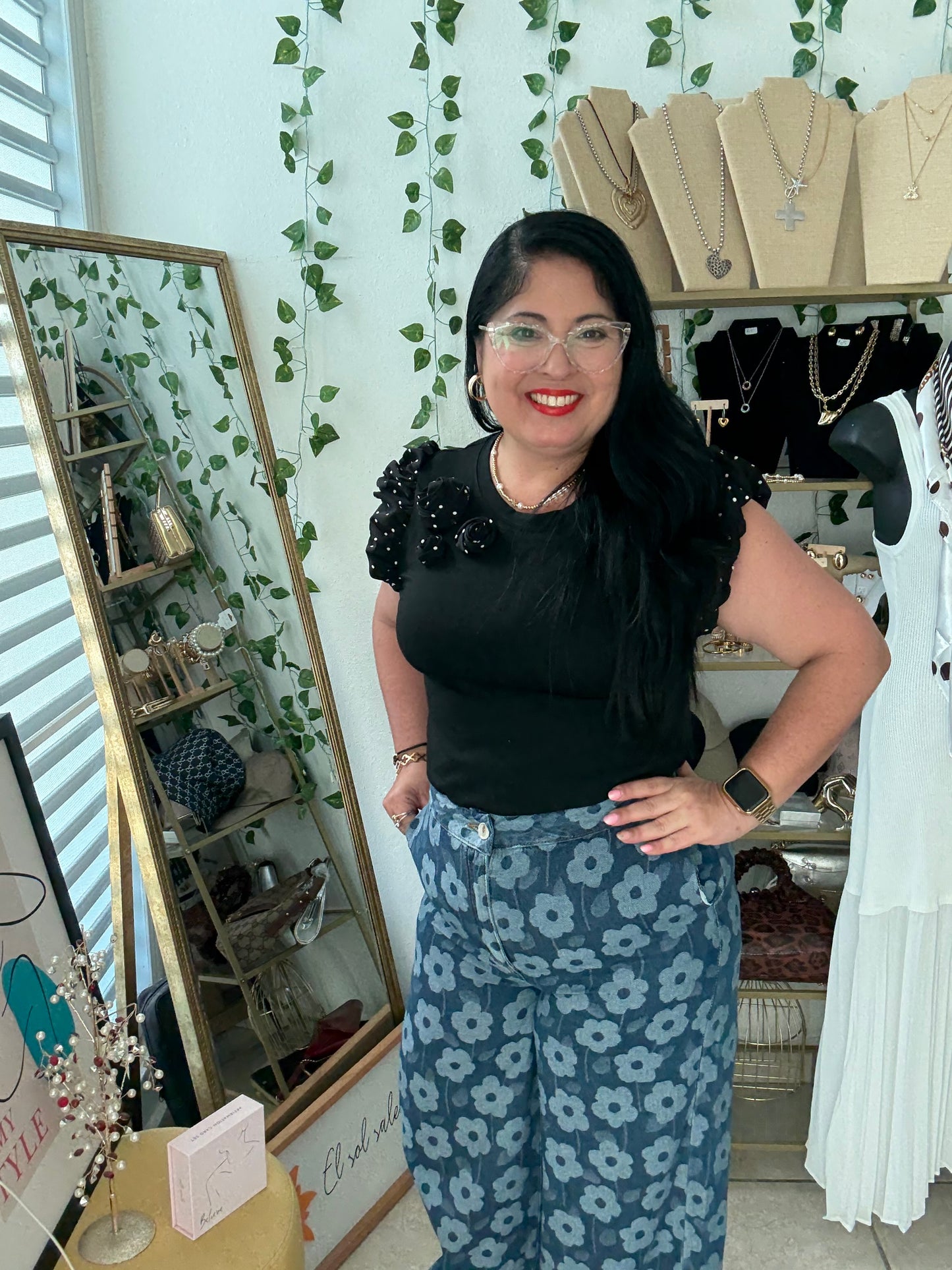 Black Ruffle Sleeve and Flower T-Shirt