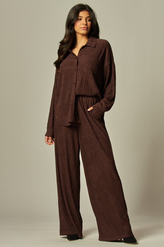 Coffee Set 2 Pcs Long Sleeve button down Shirt with Wide Leg Pant