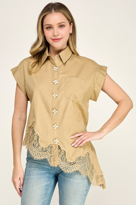 Pre-order June 15 Khaki Lace Asymmetric Shirt