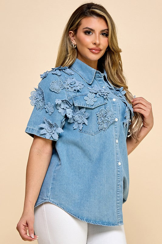 Re-Stock 3D flowers Denim Shirt