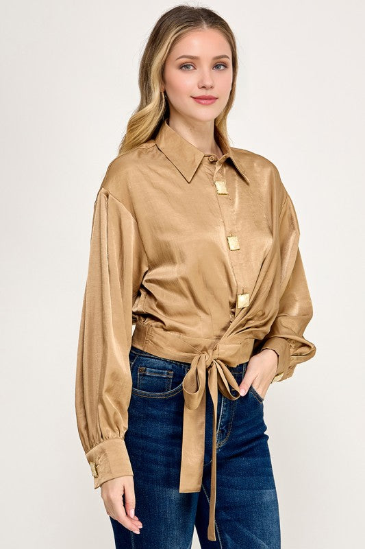 Pre-order Nov 2 Gold Wrap Satin Blouse