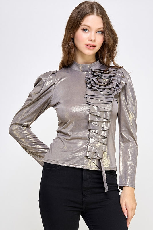 RUFFLE DETAIL LUREX TURTLE NECK TOP