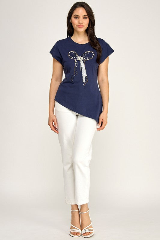 Pre-order June 15 Navy Ribbon Asymmetric Shirt