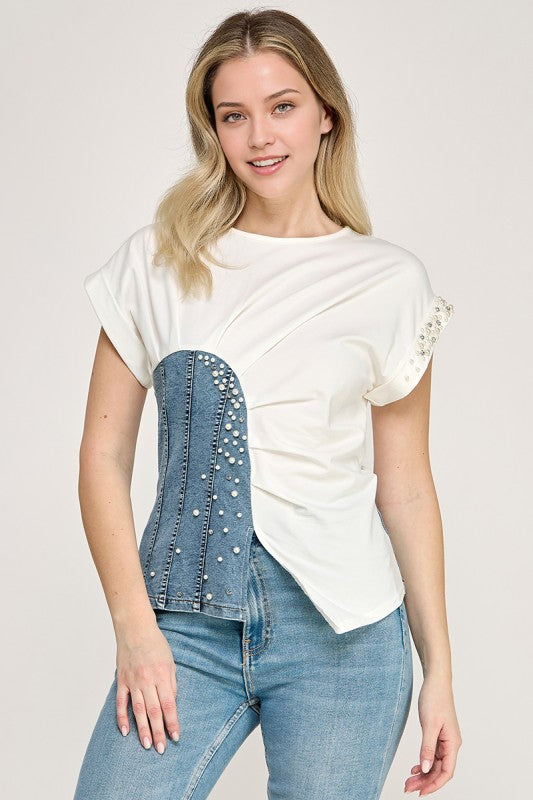 White Color Block Rhinestone T- Shirt