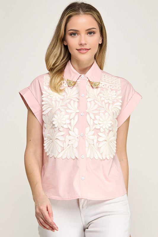 Pink Floral Embroidery Shirt