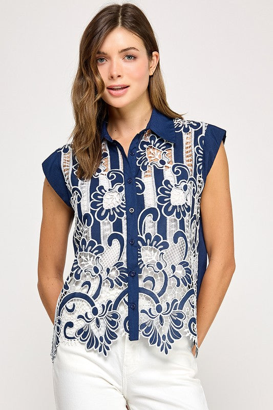 Navy Crochet Top