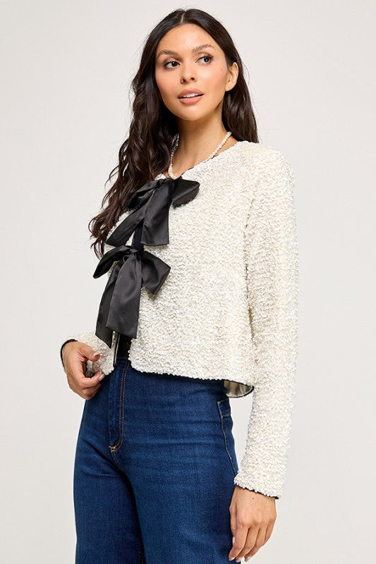 Ivory Sequins Bow Cardigan