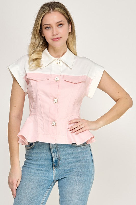 Pink Color Block Peplum Polo Top