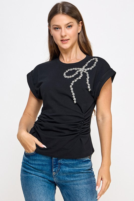 Black T Shirt with Bow in Rhinestone