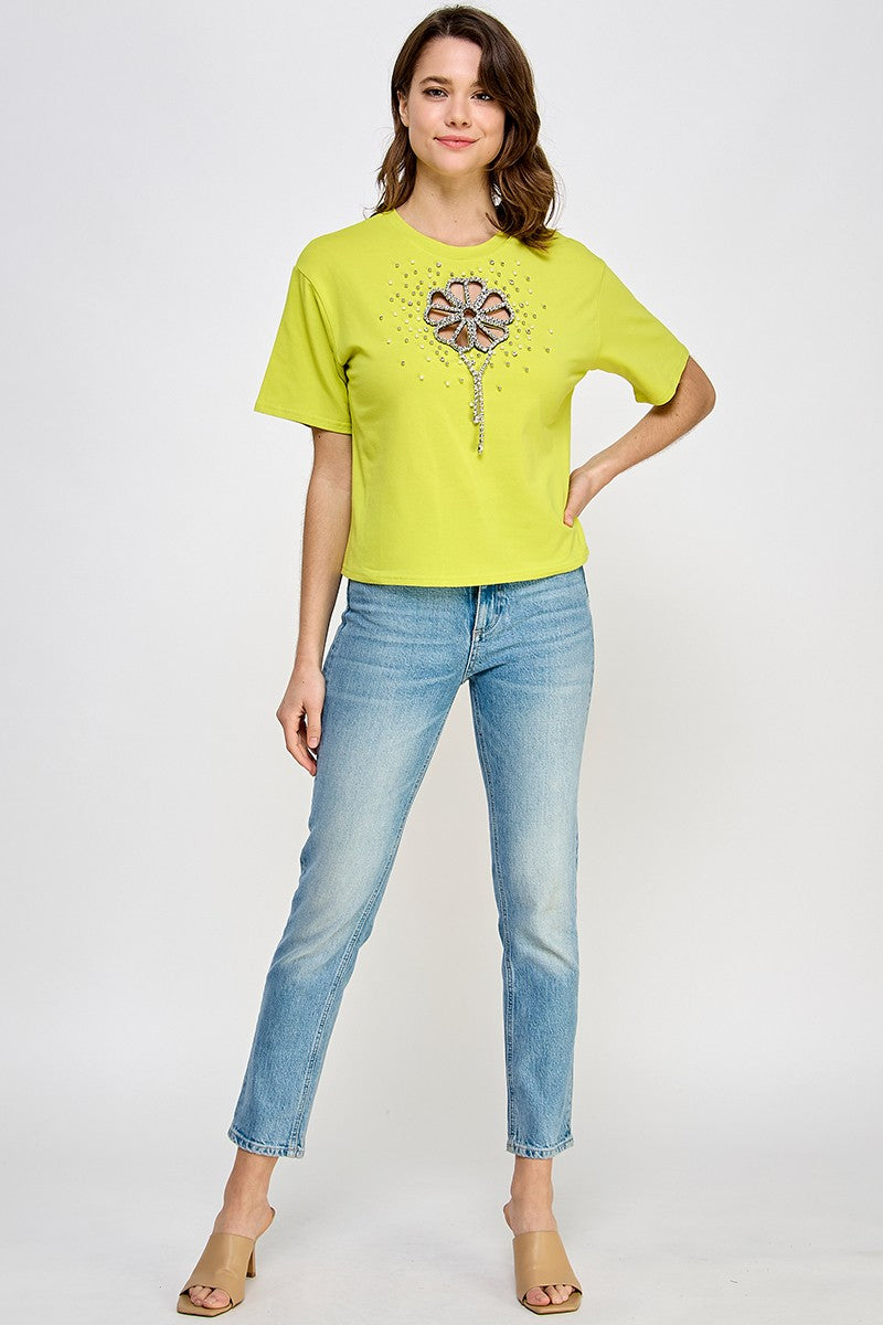 Lime  Flower in Rhinestone details T-Shirt
