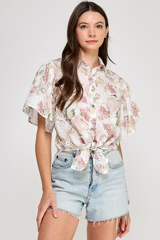 white Keyhole Florals Details Shirt