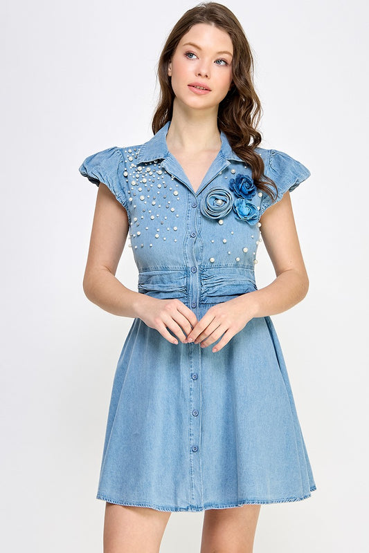 Light Denim Flower & Pearls details Dress