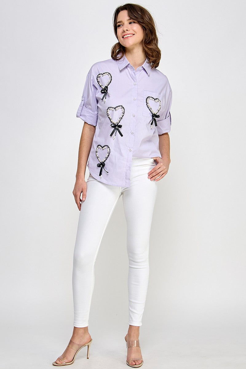 Lavender Hearts in Rhinestone & Pearls details Shirt