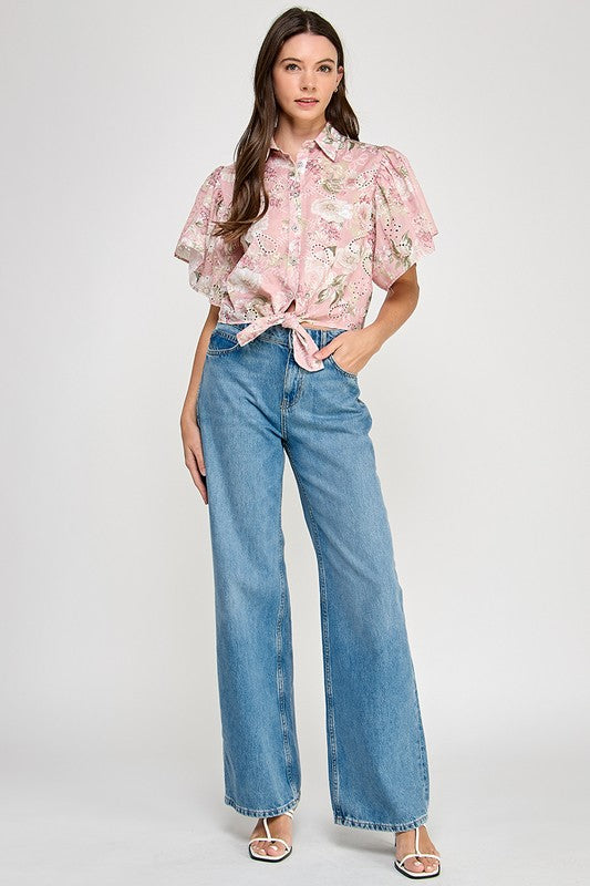 Pink Keyhole Florals Details Shirt