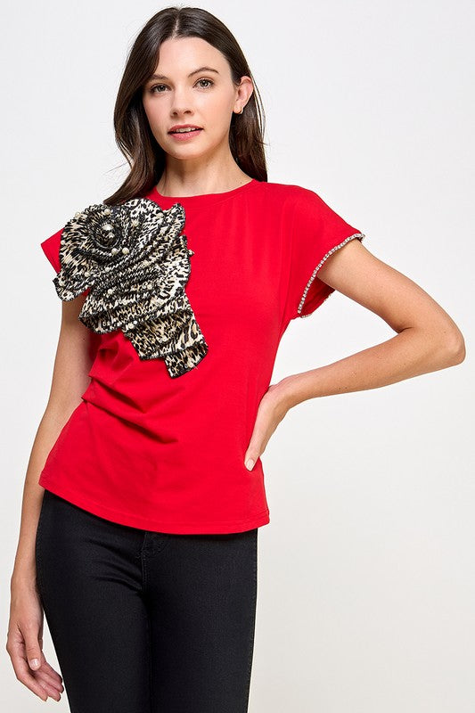 Red Flower in Animal Print Shirt