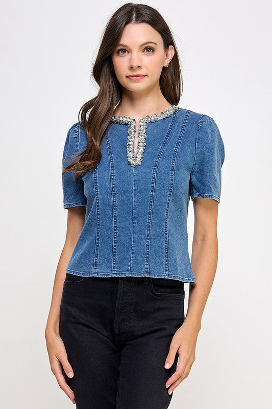 Rhinestone Details Denim T-Shirt