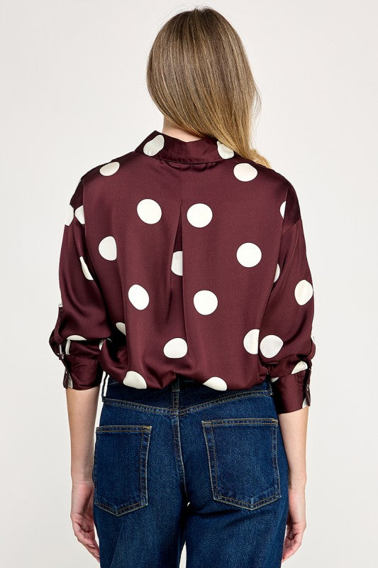 Pre-order Agosto 10 Burgundy Waistband Long Sleeve Satin Shirt