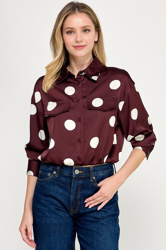 Pre-order Agosto 10 Burgundy Waistband Long Sleeve Satin Shirt