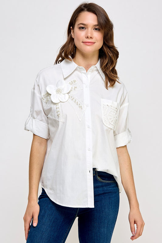 White Lace Patch  Shirt