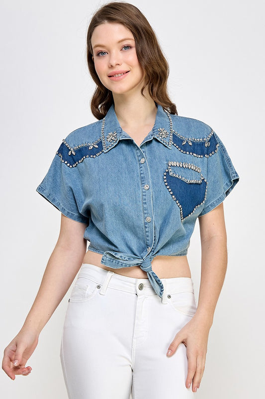 Re-Stock Denim Front Tie Top