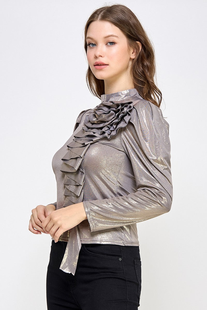 RUFFLE DETAIL LUREX TURTLE NECK TOP