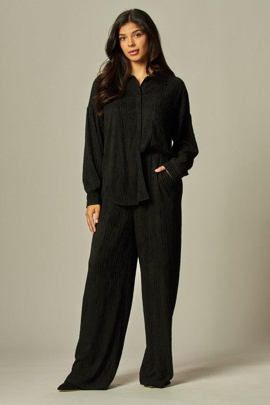 Black Set 2 Pcs Long Sleeve button down Shirt with Wide Leg Pant