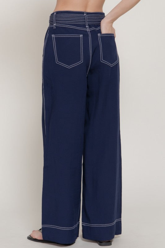 Navy Woven Wide Leg Pant (No Spandex)