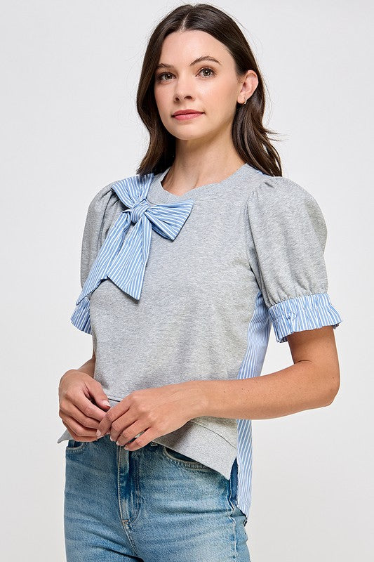 Grey Ribbon Detail Back Button Down Shirt