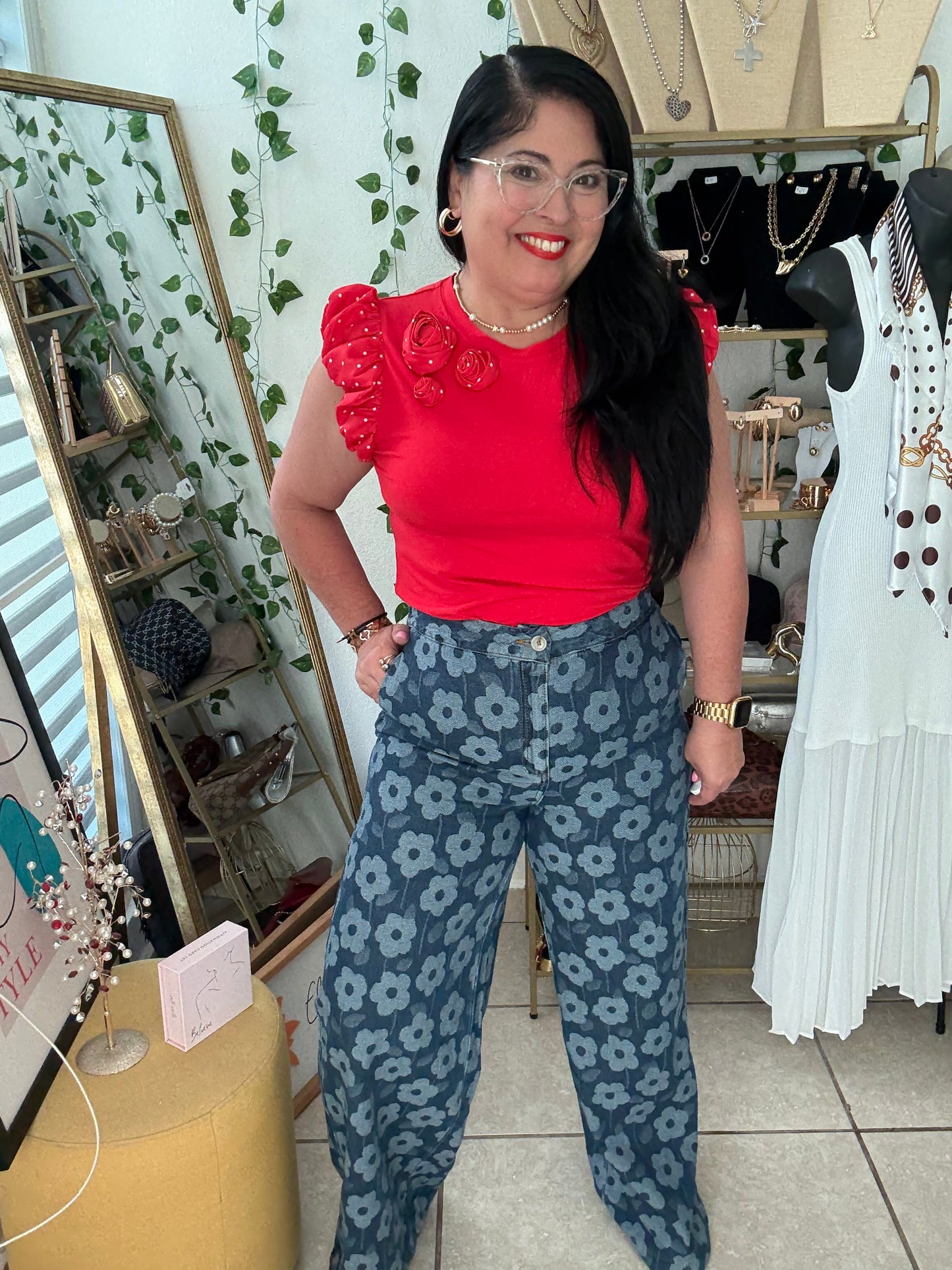 Red Ruffle Sleeve and Flower T-Shirt