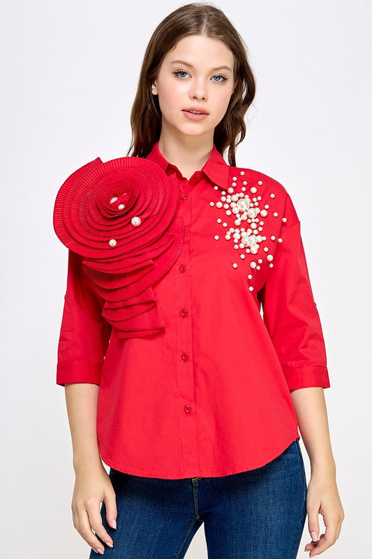 Re-Stock RHINESTONE N FLORAL DETAIL SHIRT