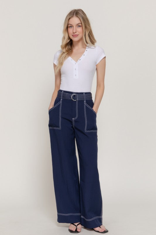 Navy Woven Wide Leg Pant (No Spandex)