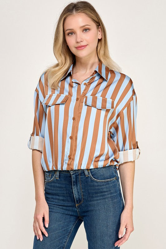 Pre-order Agosto 10 Taupe/Blue Waistband 3Q Sleeve Shirt