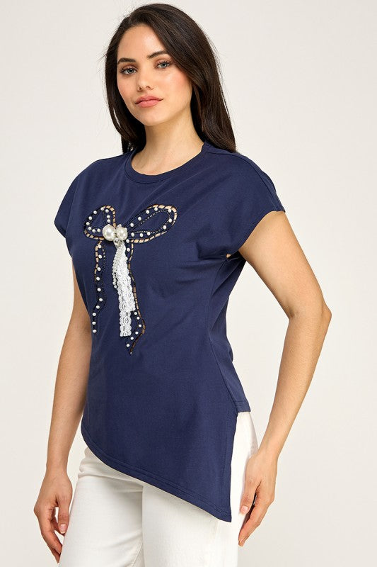 Pre-order June 15 Navy Ribbon Asymmetric Shirt