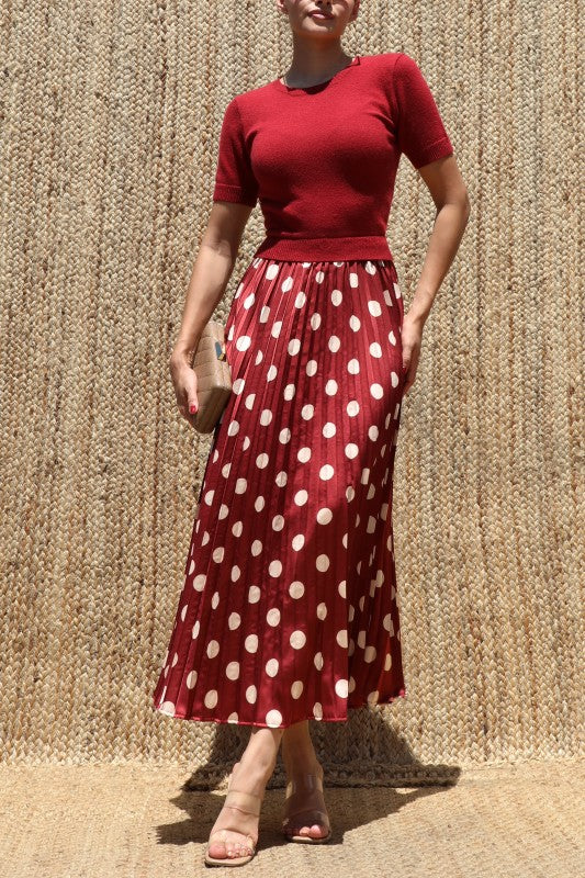 Red Sweater Top Satin Midi Dress