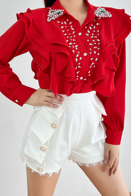 Embellished with Rhinestone Satin Shirt