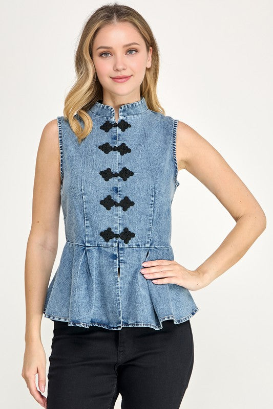 Pre-Order Agosto 31 Light Denim Mandarin Pepplum Top